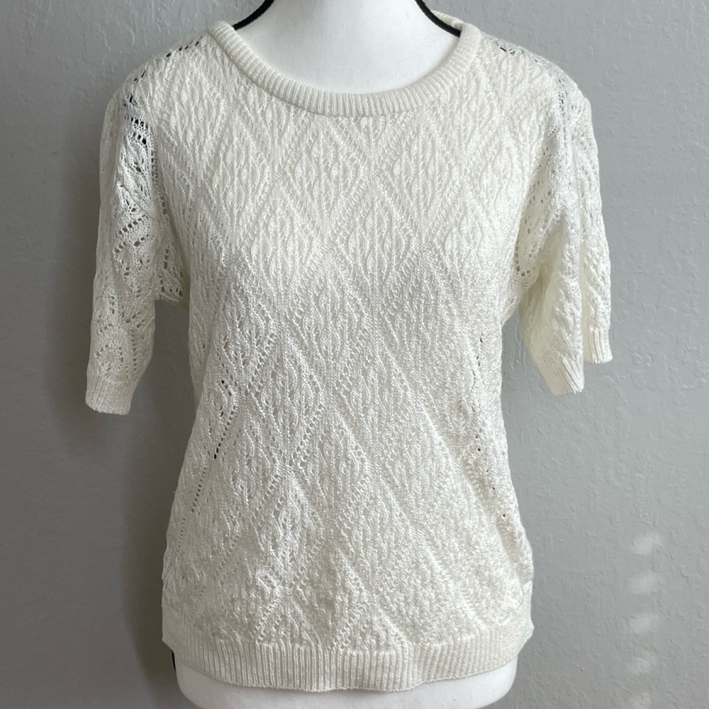 Vintage Jaclyn Classics Ivory Knit Lace crochet Sweater Cottagecore M USA